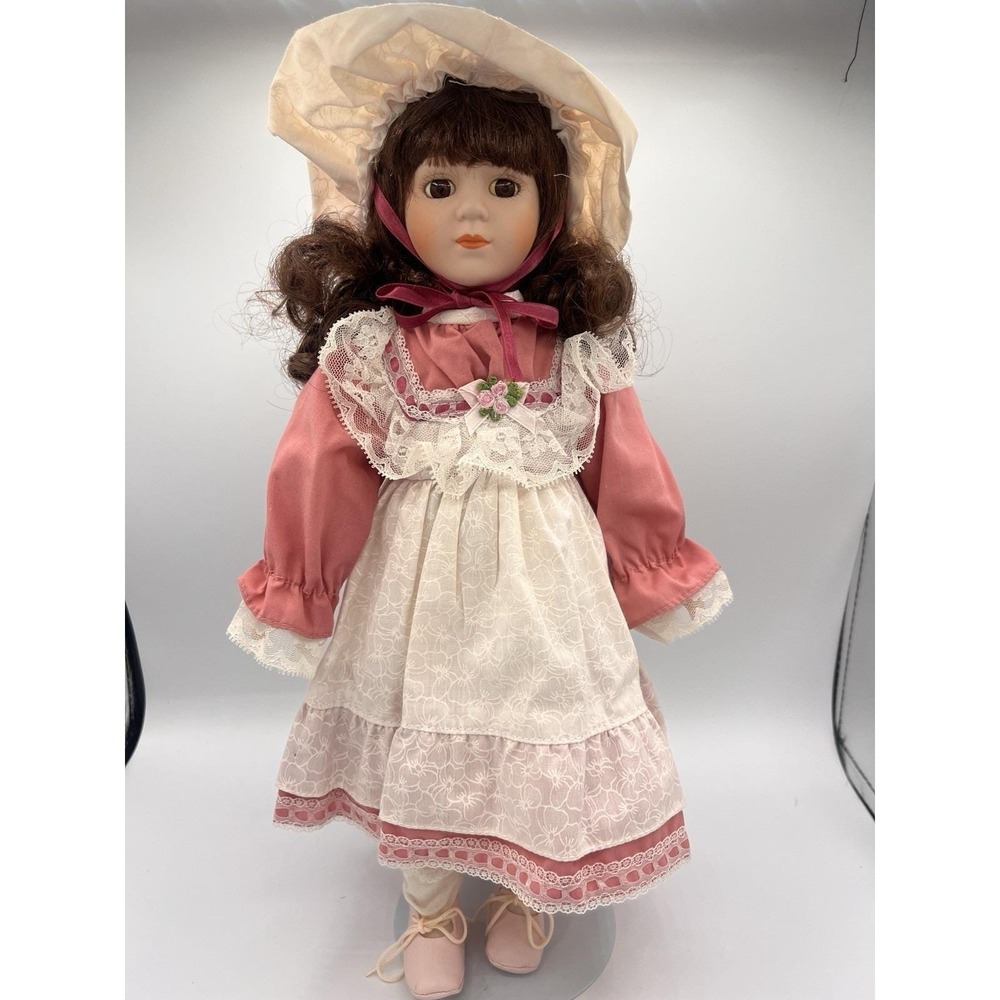 Vintage ANCO Adorable Memories 15" Porcelain Doll Brown Hair Pink Dress & Stand